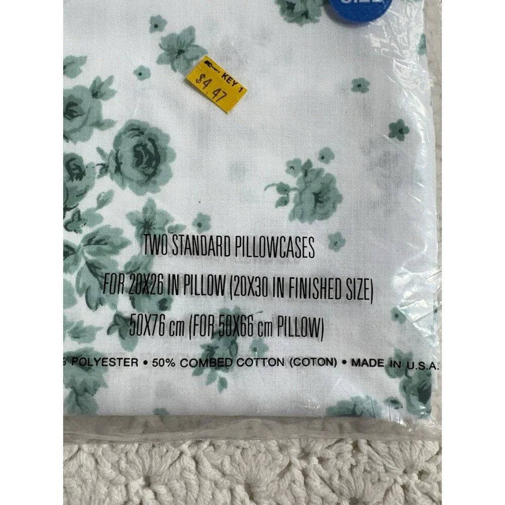 Vintage Cannon Monticello Twin Fitted Sheet 2 Pillowcases White Green Floral USA